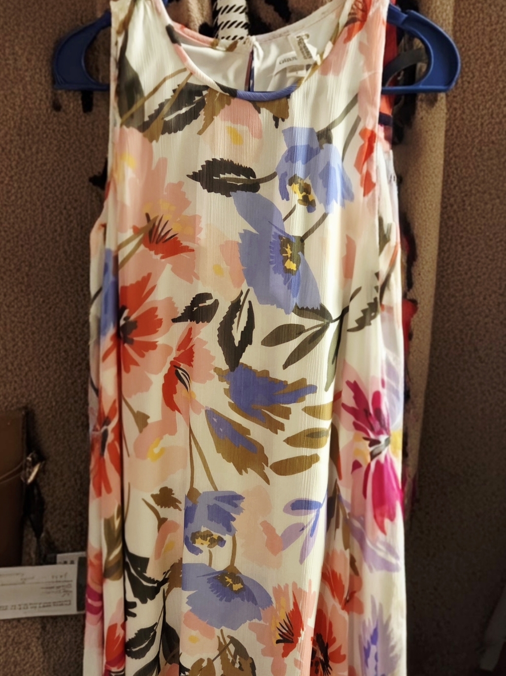 Floral Sleeveless Summer Top - White with Blue & Coral Bloom